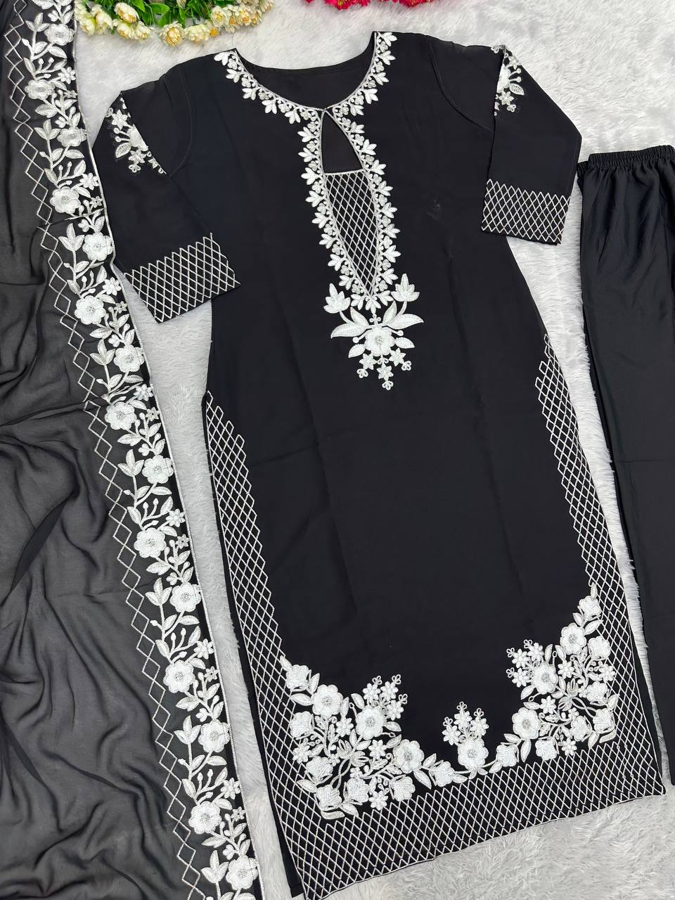 Beautiful Party Wear Top Bottom And Dupatta With Stitched Work