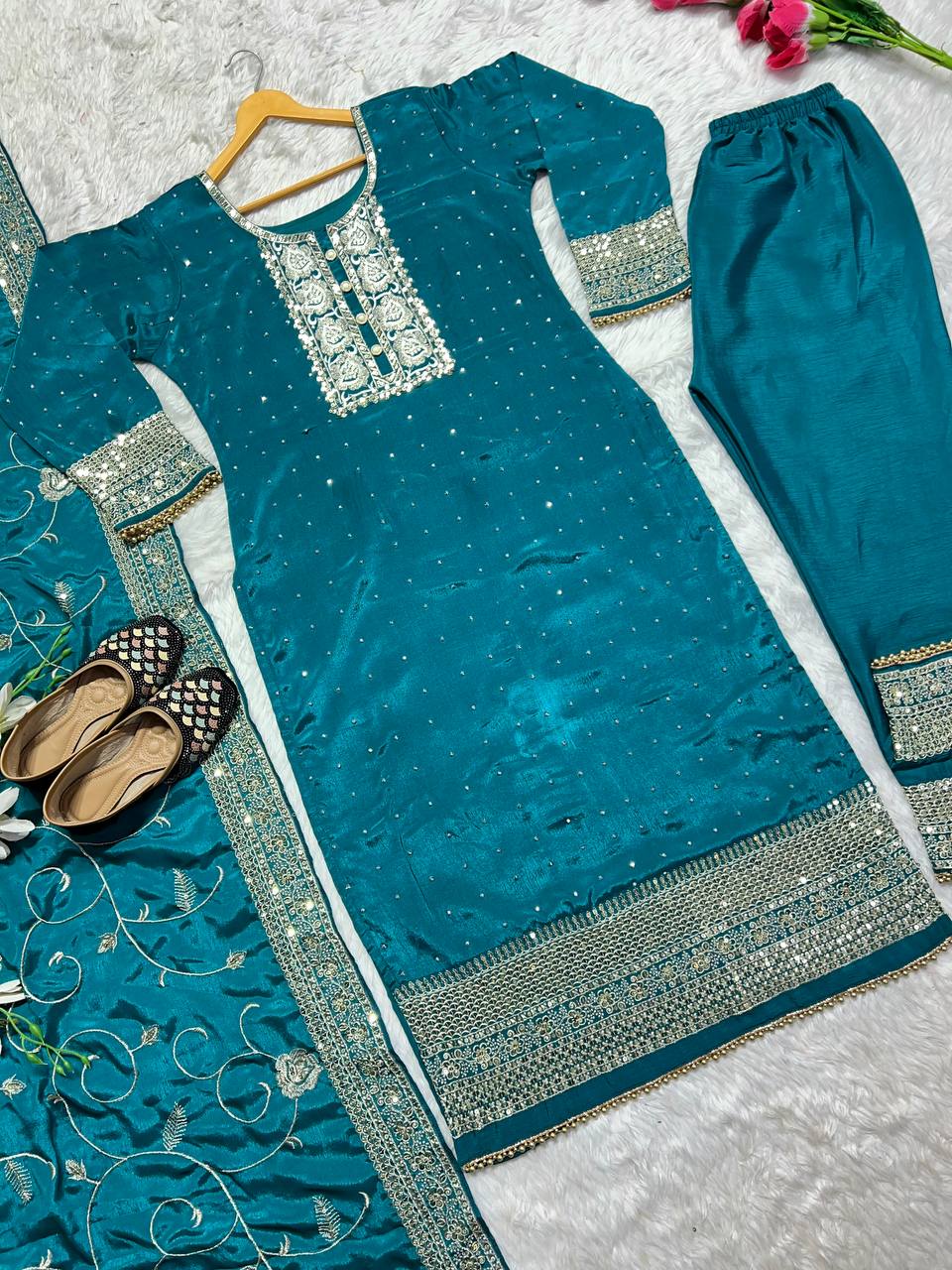 Designer Long Top , Pant and Dupatta In Fancy Style