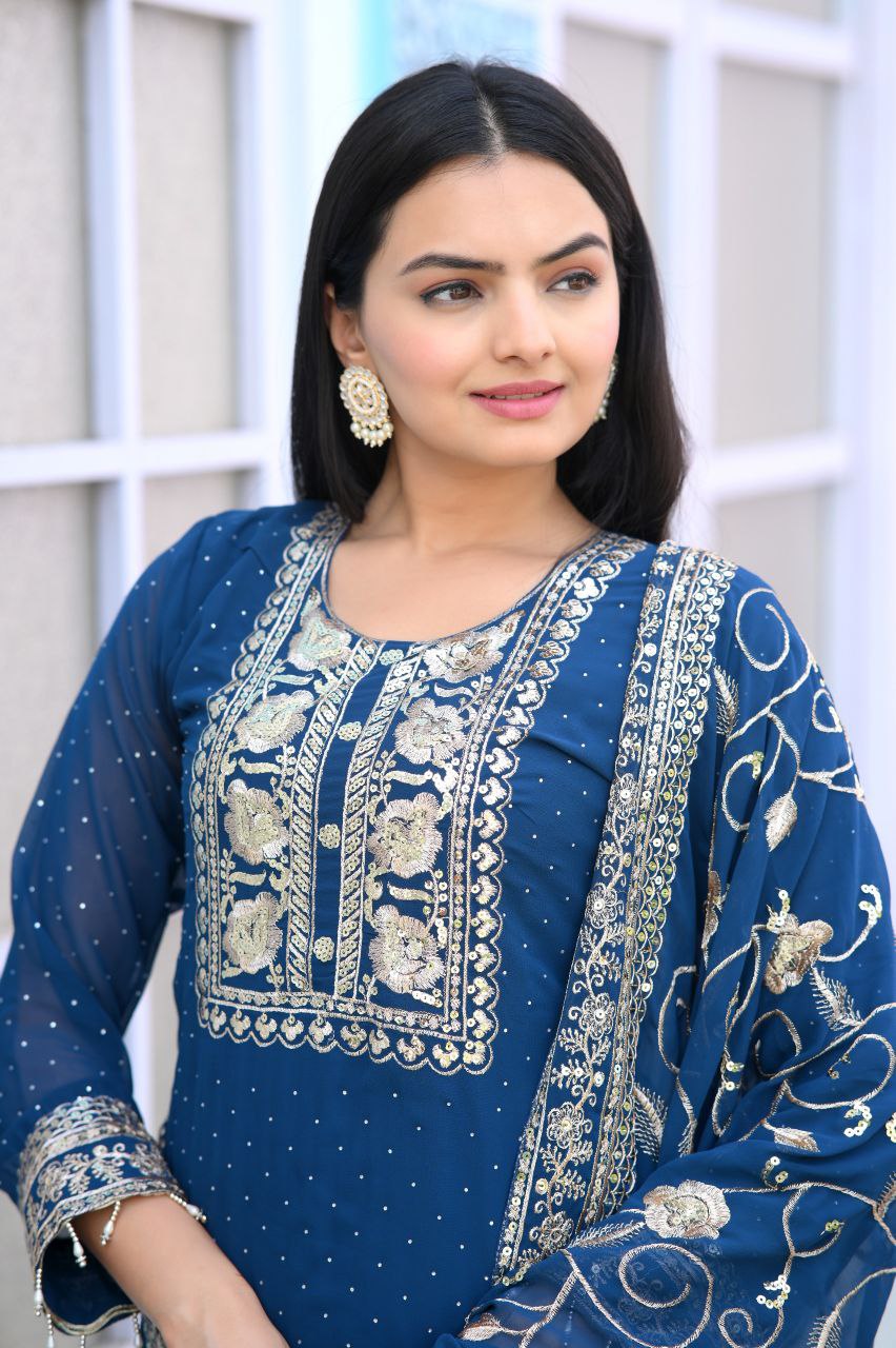 Designer Embroidered Suit With Embroidered Work And Stone Work