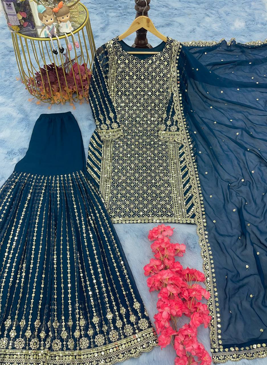 डिज़ाइनर पार्टी वियर लुक टॉप प्लाज़ो और दुपट्टा सेट