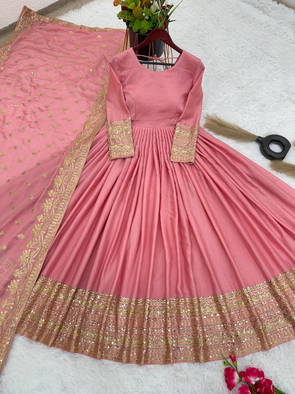 Designer Party Wear Look Full Heavy Embroidery Sequence Work Gown With Pent And Dupatta