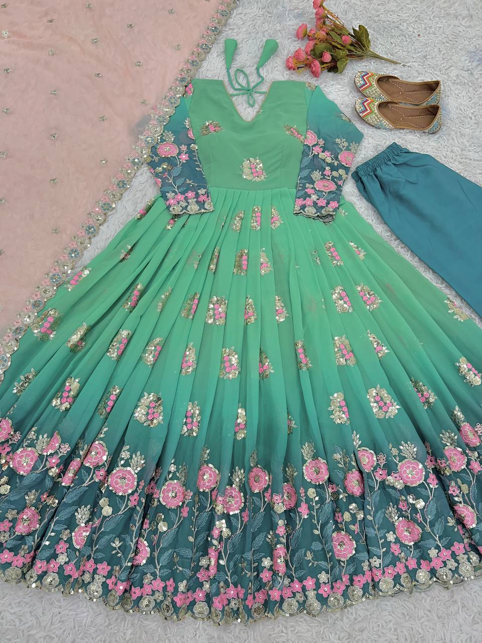 Beautiful Party Wear Gown With Bottom And Dupatta