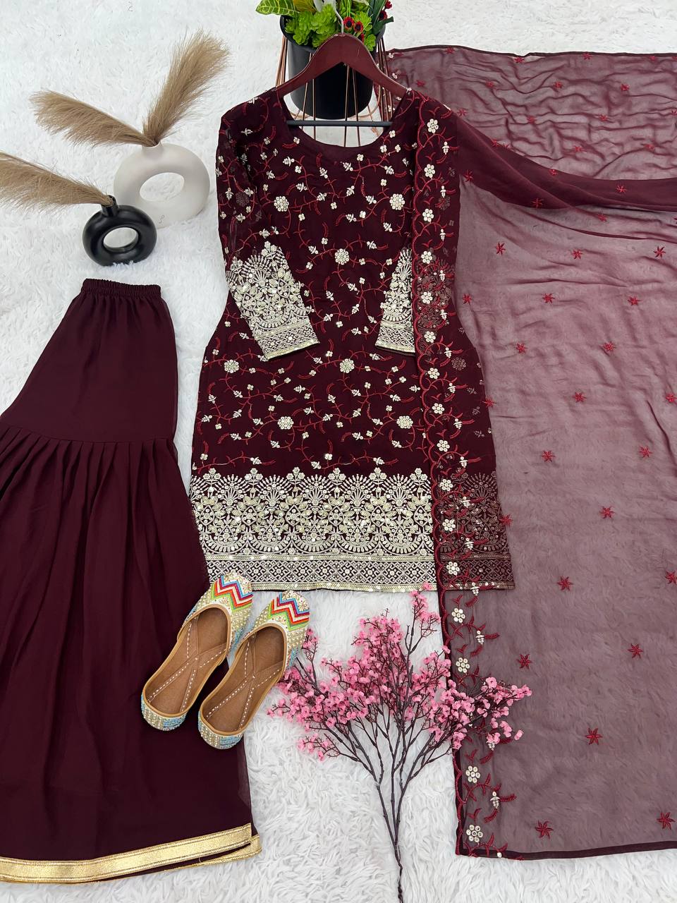Beautiful Top-Plazzo And Dupatta With Heavy Embroidery Sequence Work