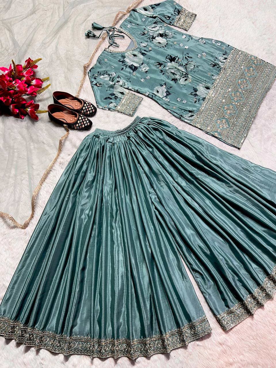 Designer Long Pakistani Suit Top , Sharara And Dupatta