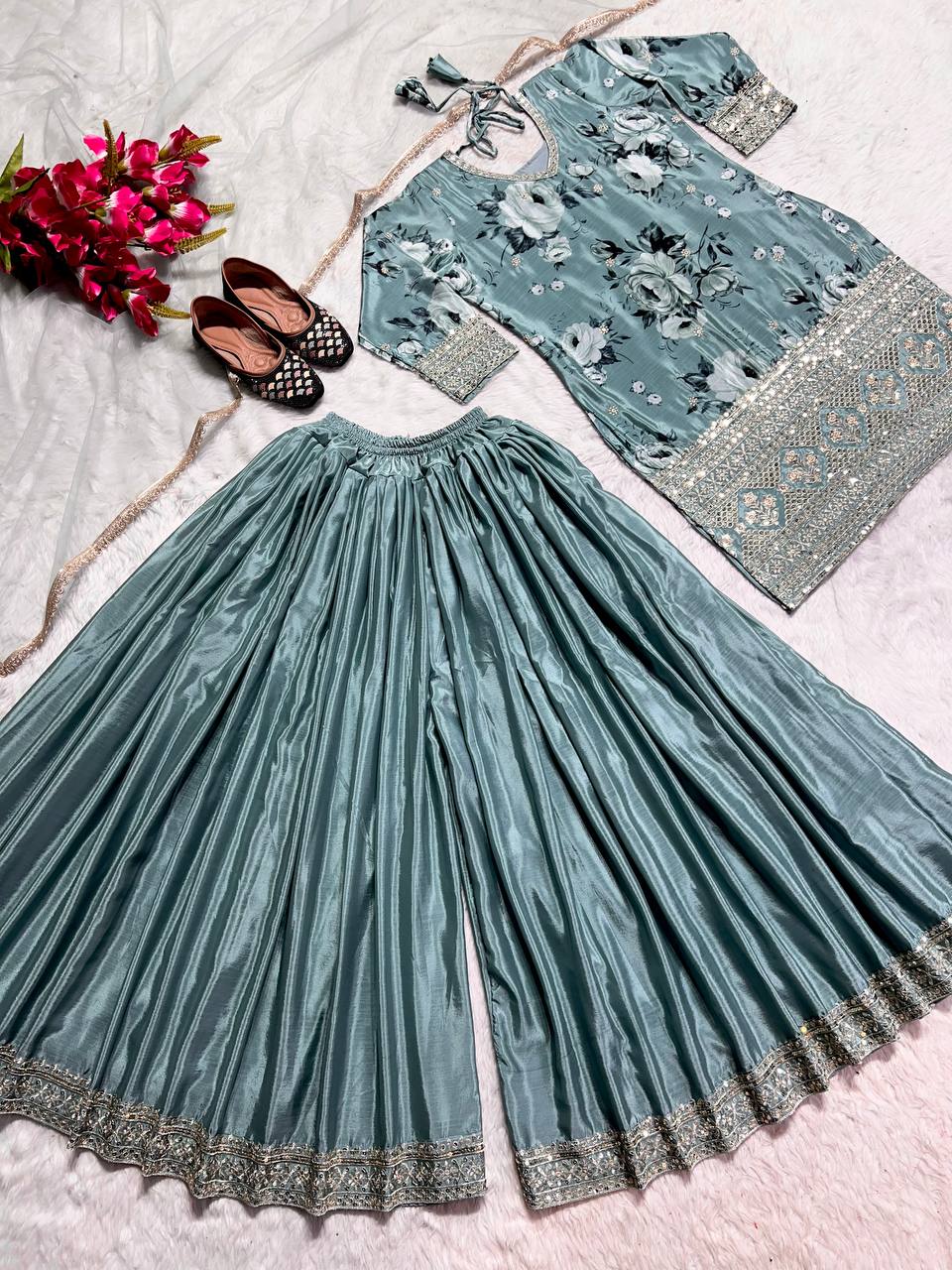 Designer Long Pakistani Suit Top , Sharara And Dupatta