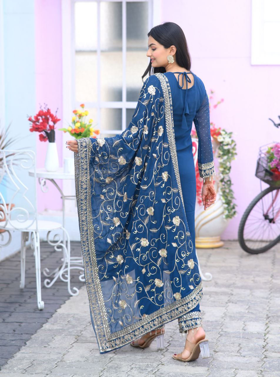 Designer Embroidered Suit With Embroidered Work And Stone Work