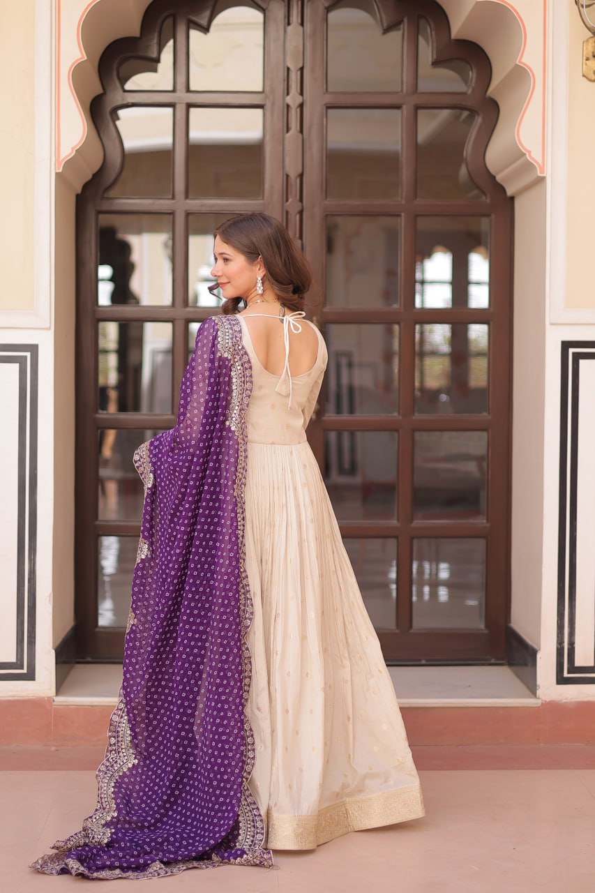 Party Wear Gown With Bandhani Print With Embroidered Cut-Work