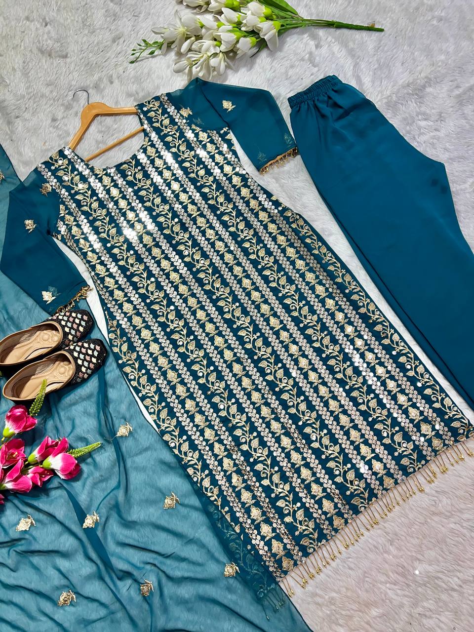 Designer Long Top , Pant and Dupatta In Fancy Style