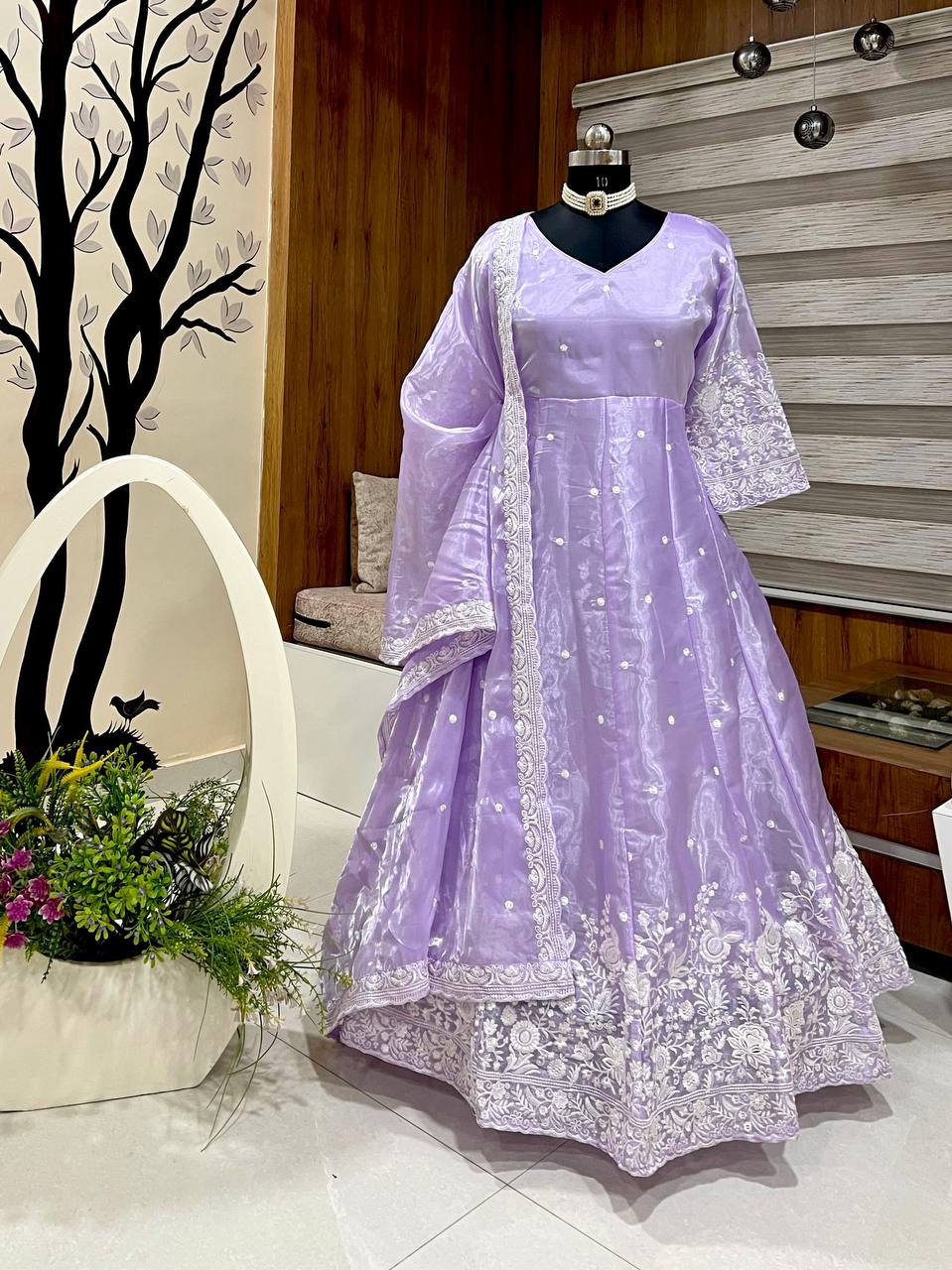 Designer Gown-Bottom And Dupatta With Thread Embroidery Work