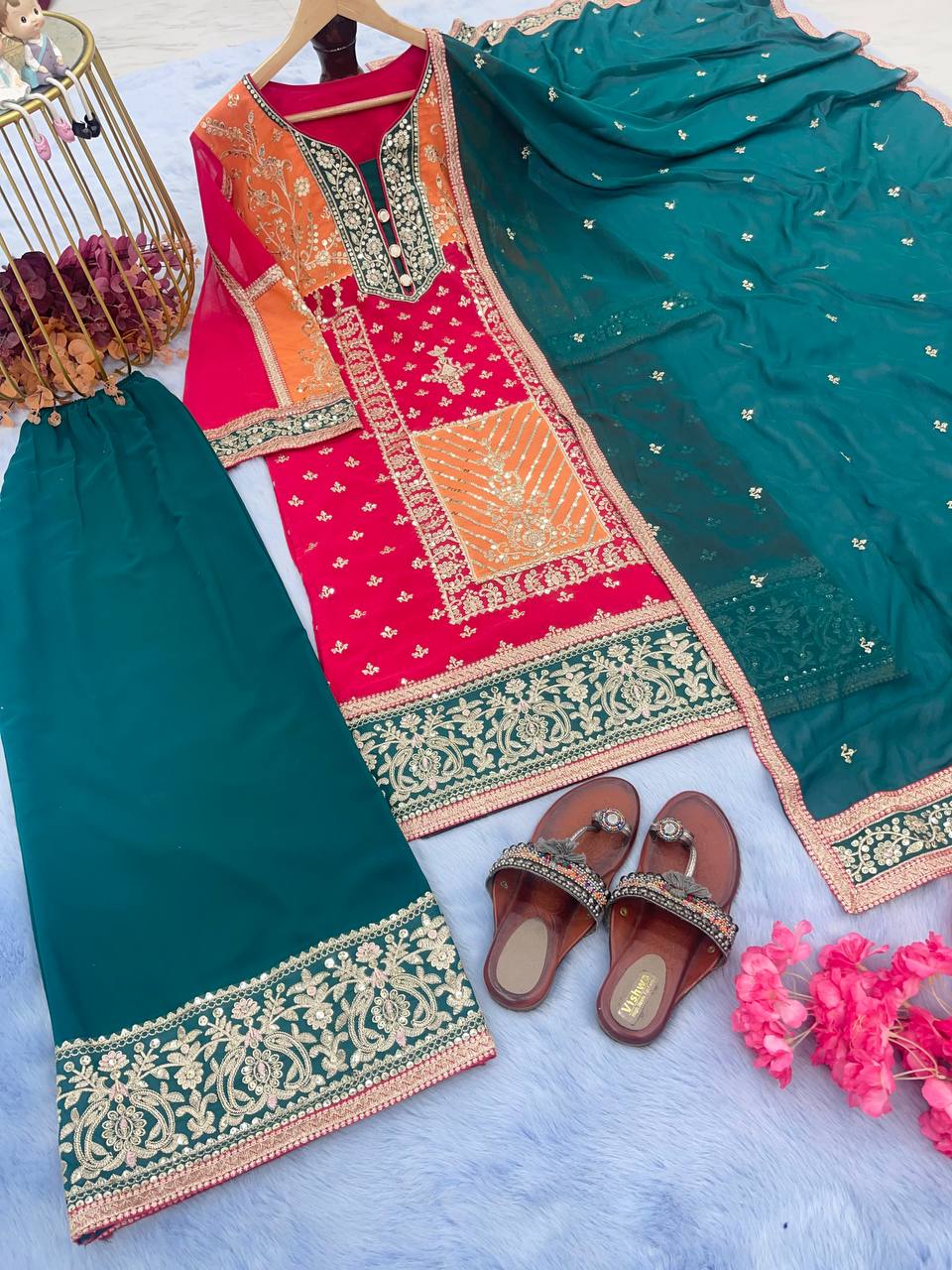 Designer Party Wear Look Top Plazzo & Dupatta Set