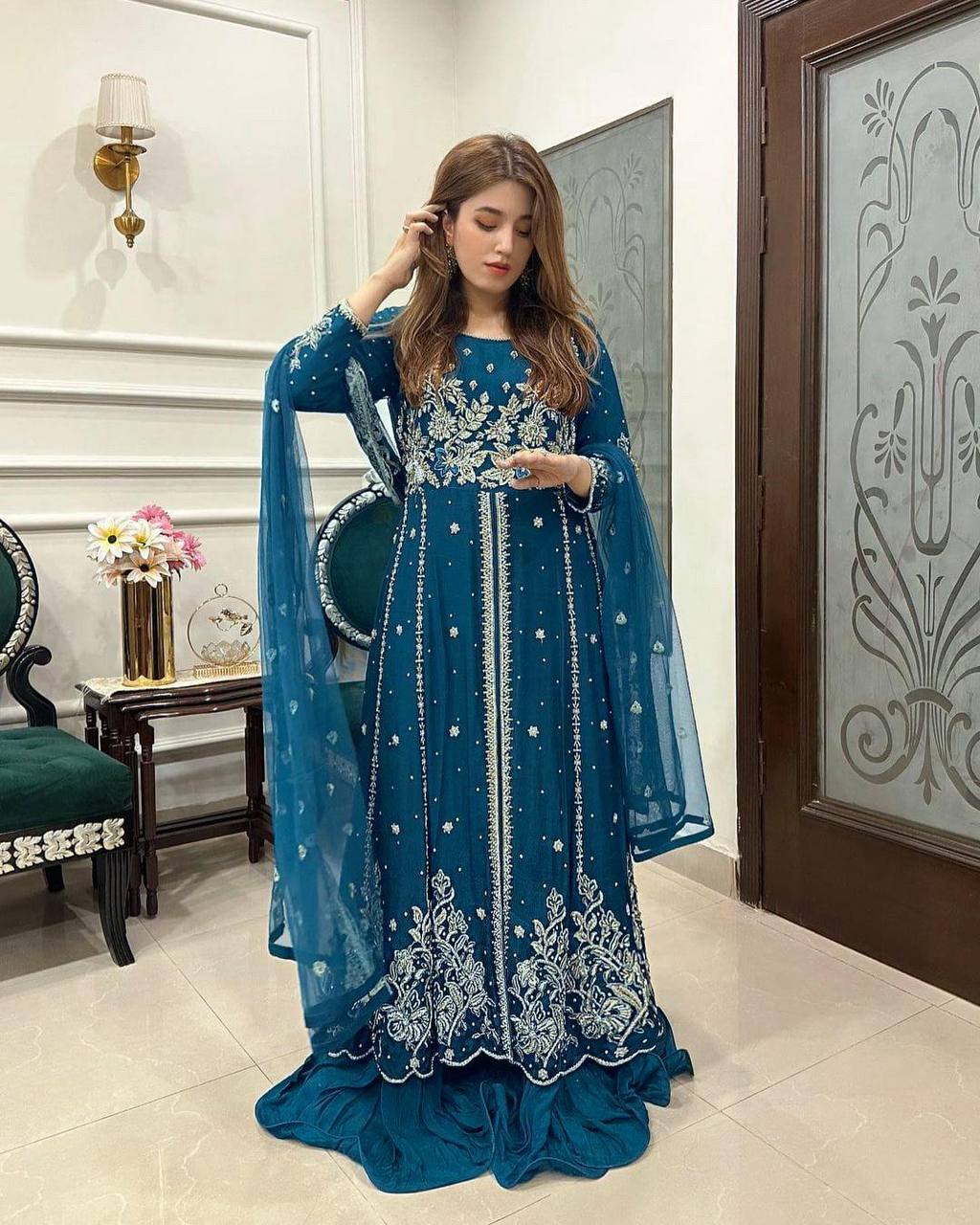 Designer Party Wear Gown With Zari Embroidery Work