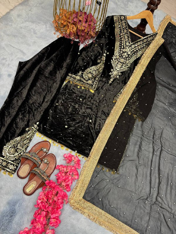 Designer Party Wear Look Heavy Pure Viscose Velvet Top Plazzo &amp; Dupatta Set
