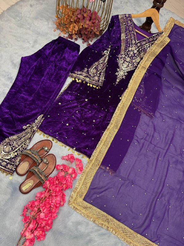 Designer Party Wear Look Heavy Pure Viscose Velvet Top Plazzo &amp; Dupatta Set
