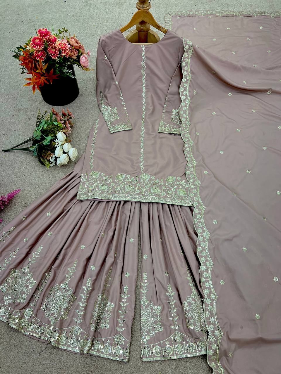 Beautiful Top-sharara And Dupatta With Embroidery Sequence Work