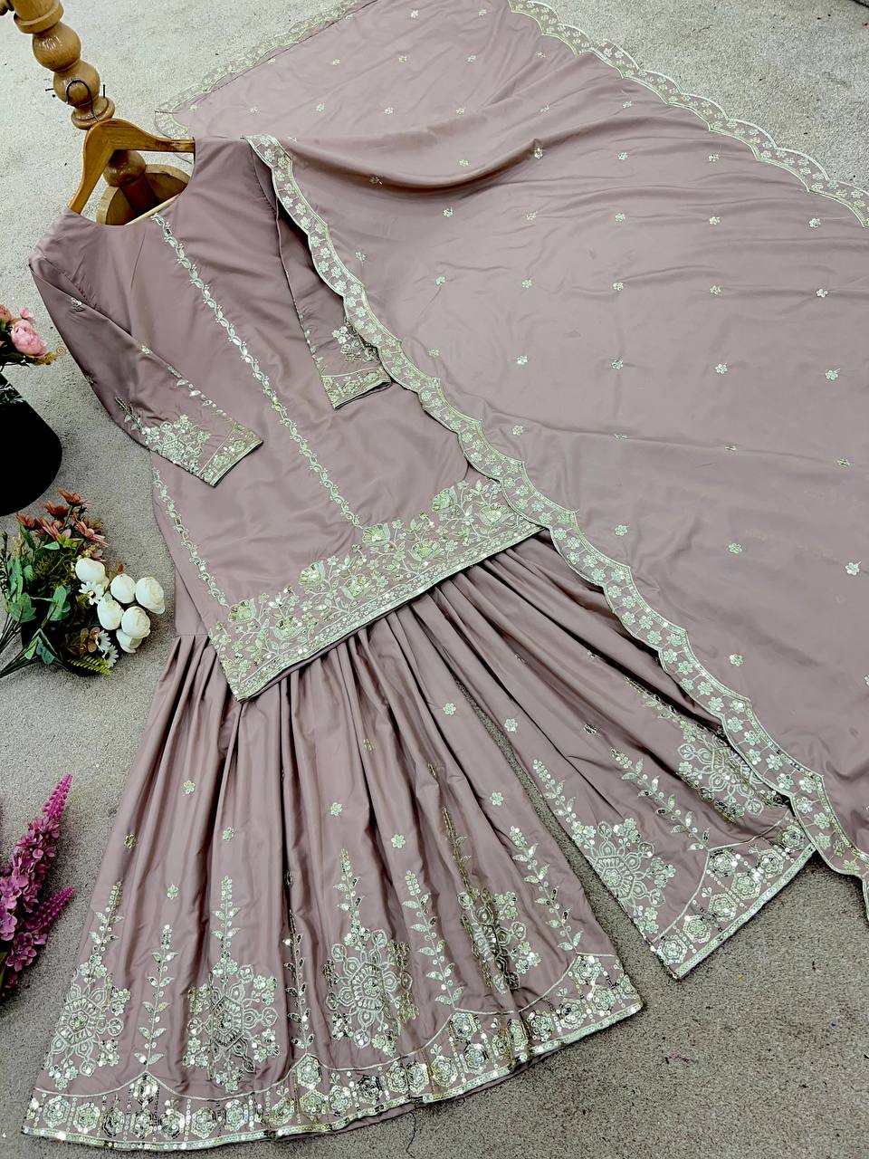 Beautiful Top-sharara And Dupatta With Embroidery Sequence Work