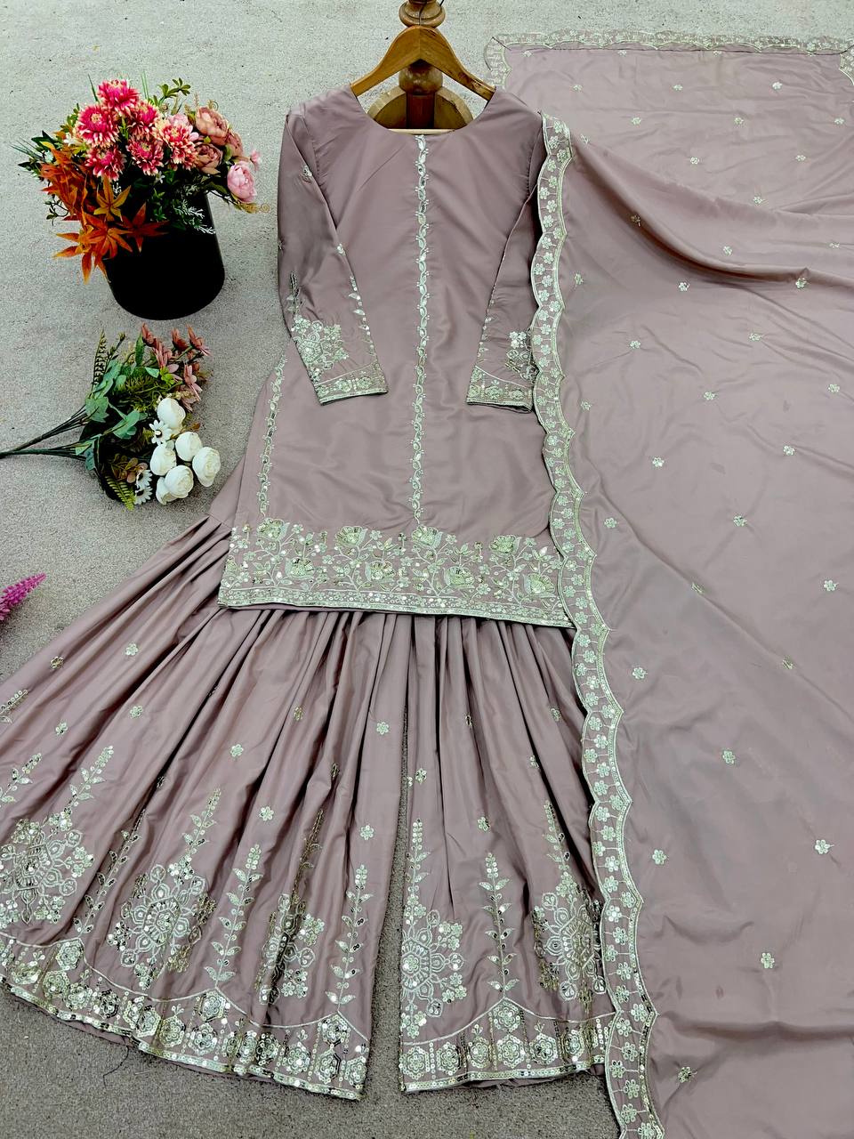 Beautiful Top-sharara And Dupatta With Embroidery Sequence Work