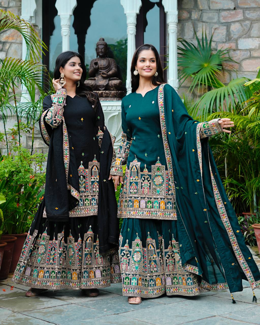 कढ़ाई कोडिंग डोरी-सीक्वेंस वर्क के साथ फैंसी टॉप-बॉटम और दुपट्टा