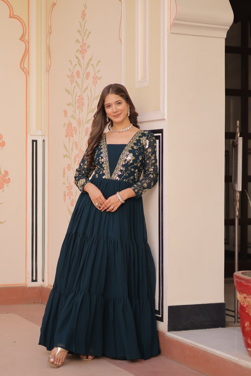 Party Wear Look Gown With Sequins & Zari Embroidered Work