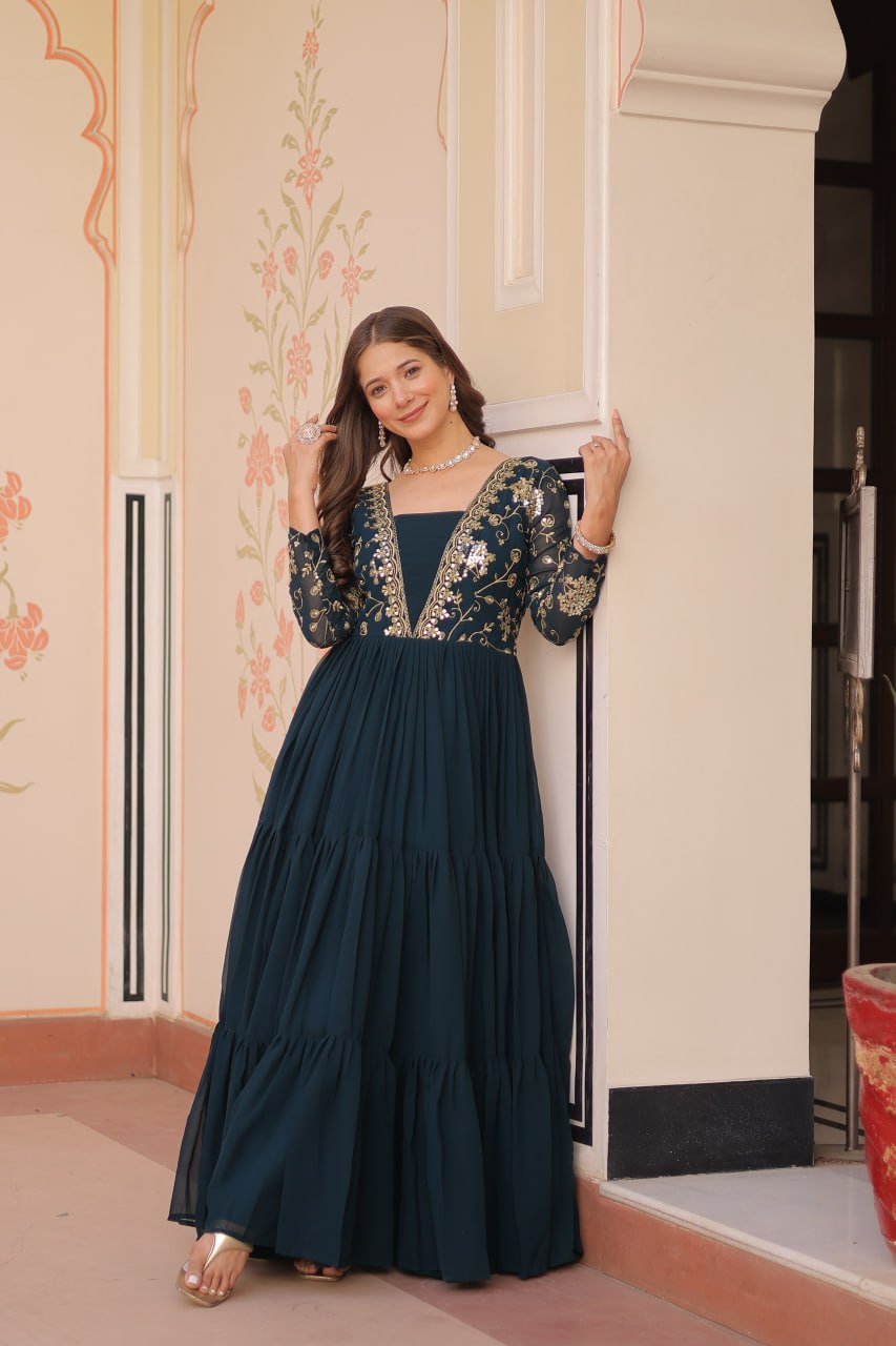 Party Wear Look Gown With Sequins & Zari Embroidered Work