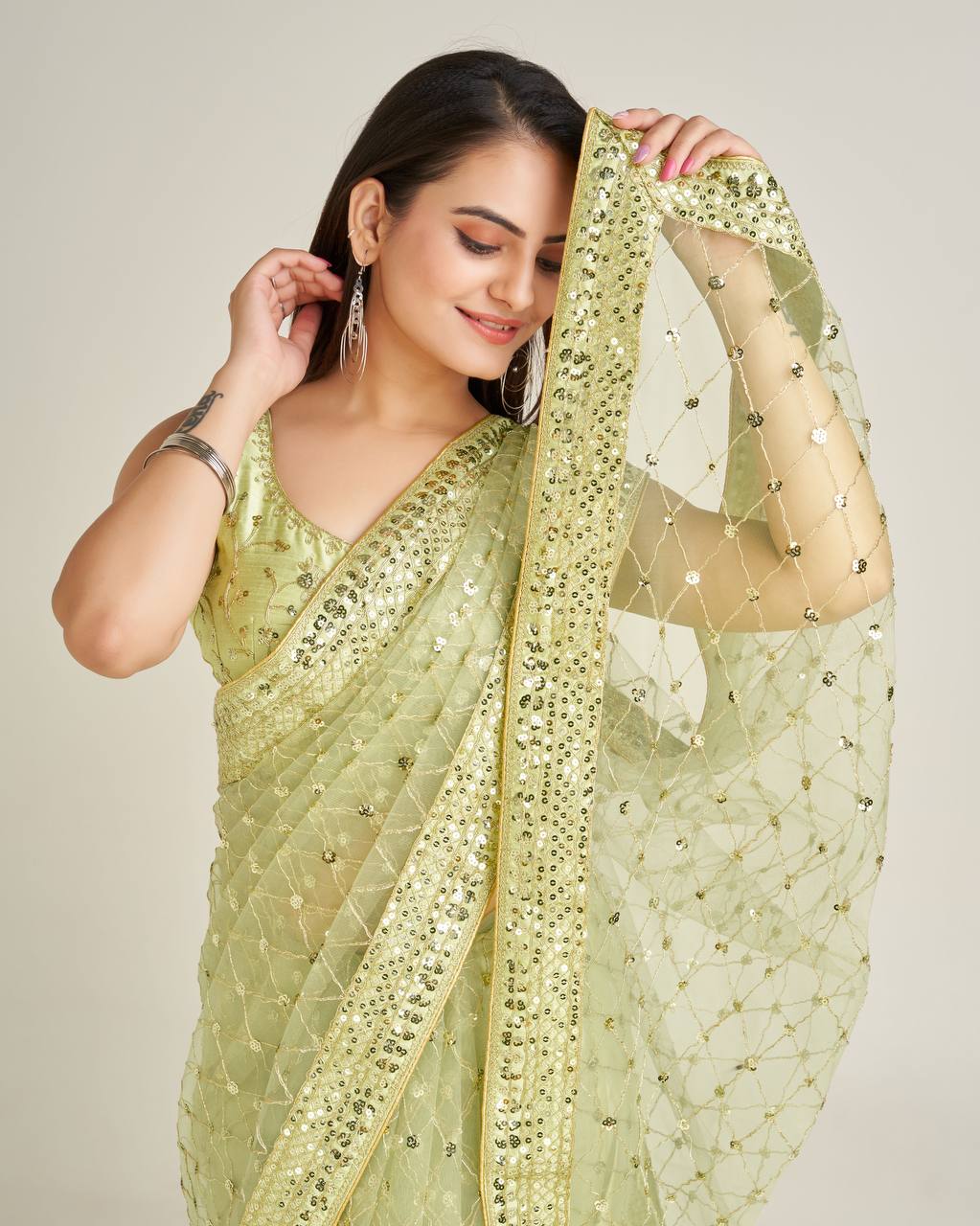 Party Wear Designer Saree With Sequence & Dori Work