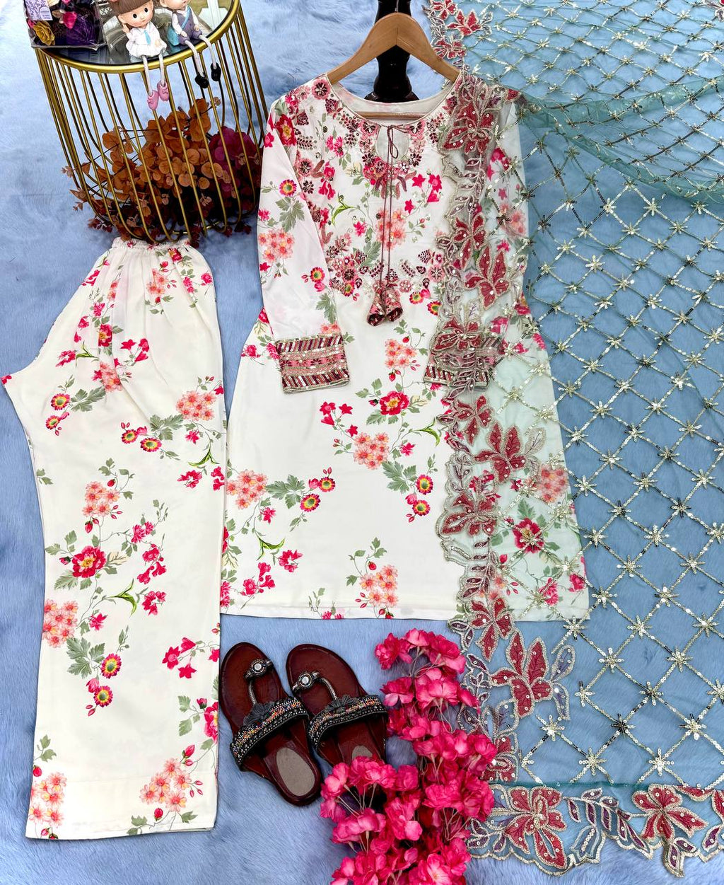 प्लाज़ो और दुपट्टे के साथ डिज़ाइनर पार्टी वियर लुक टॉप