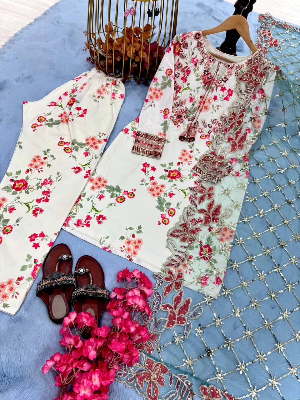 डिज़ाइनर पार्टी वियर लुक टॉप विद बॉटम और दुपट्टा