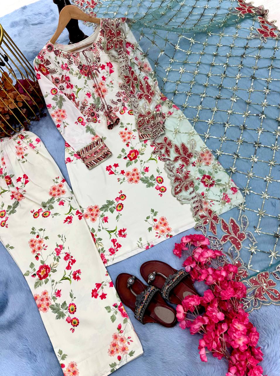 डिज़ाइनर पार्टी वियर लुक टॉप विद बॉटम और दुपट्टा