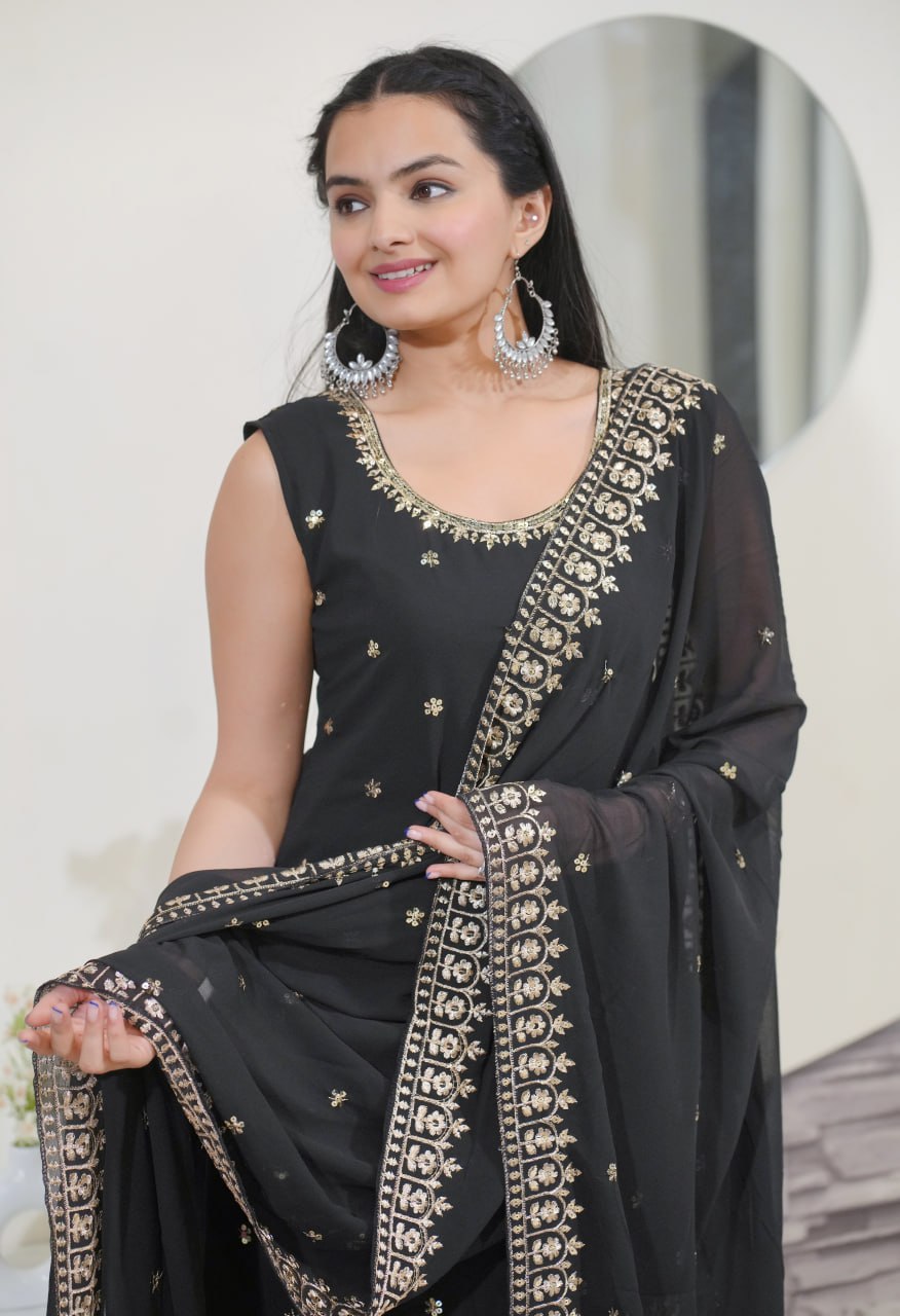 Beautiful Party Wear Sharara Suit With Sequence Embroidered Work