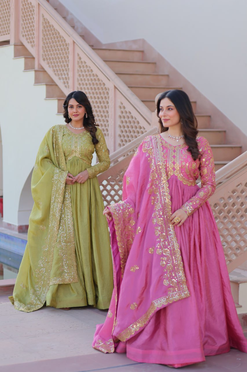 Party Wear Look Gown With Sequins & Multi Embroidered Work