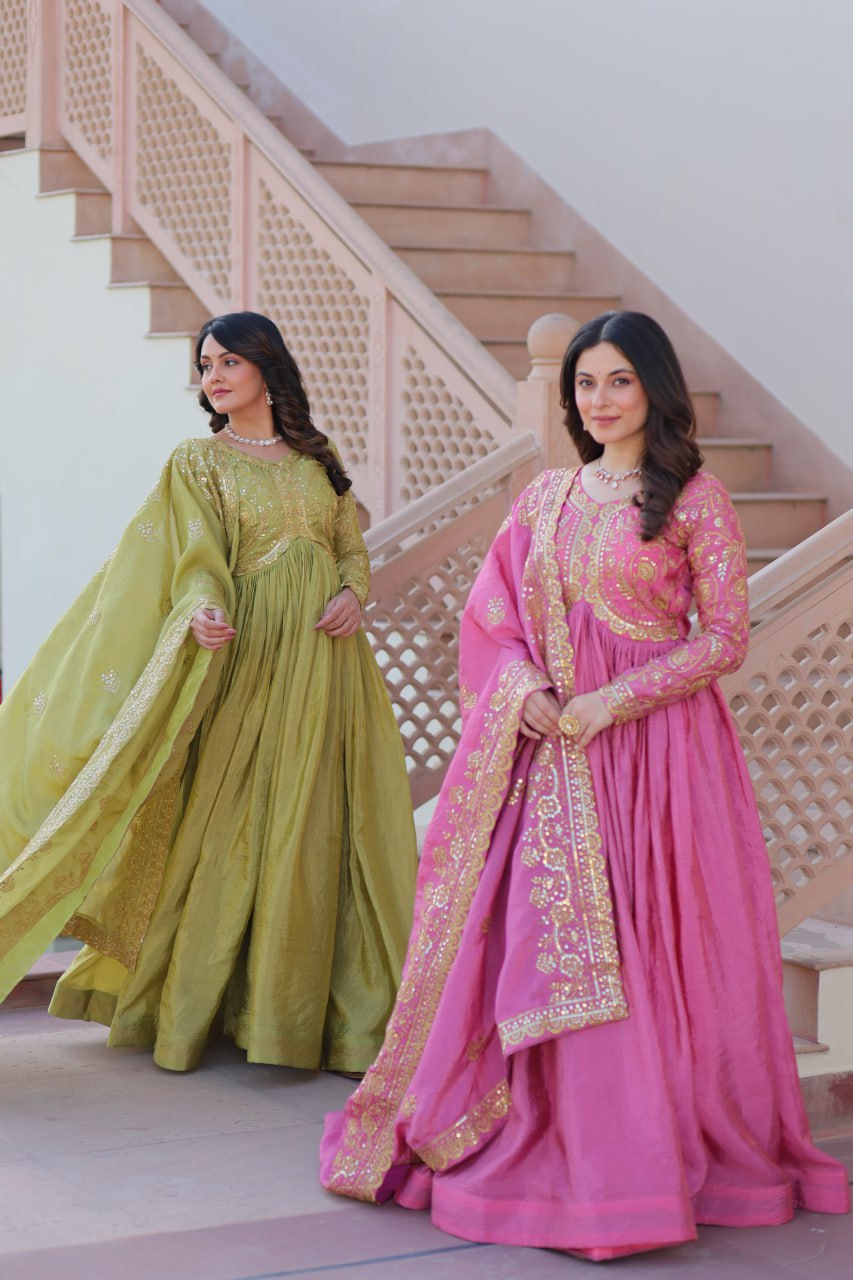 Party Wear Look Gown With Sequins & Multi Embroidered Work