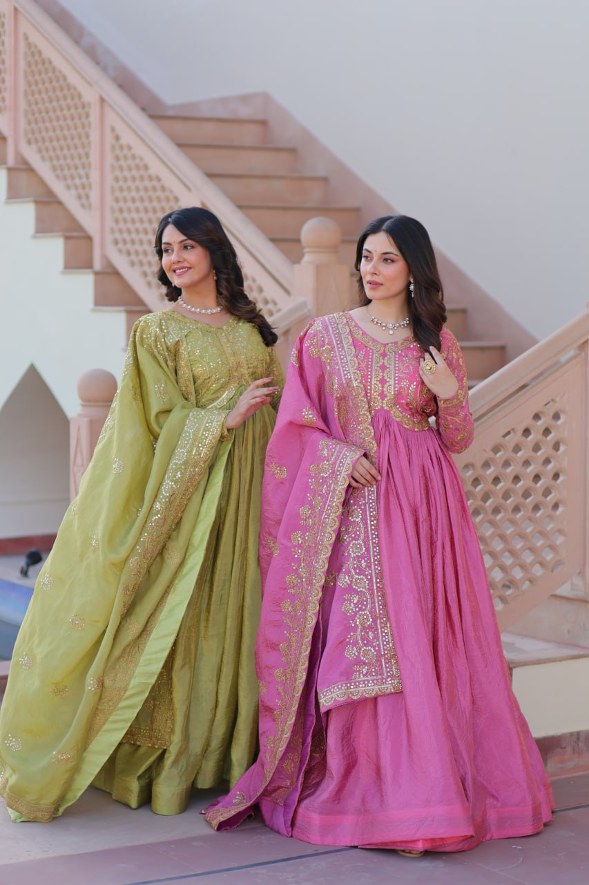 Party Wear Look Gown With Sequins & Multi Embroidered Work