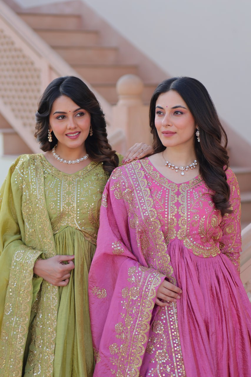 Party Wear Look Gown With Sequins & Multi Embroidered Work