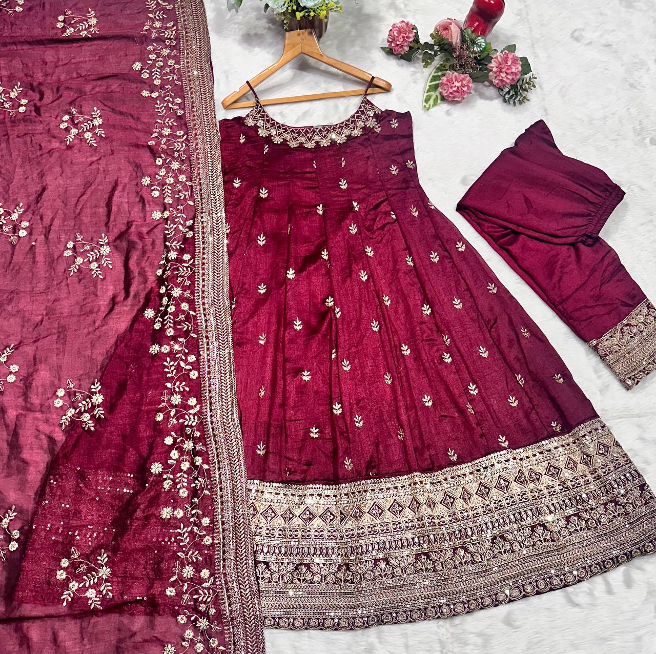 Party Wear Anarkali Gown, Pent And Dupatta With Embroidery Zari-Codding Sequins work