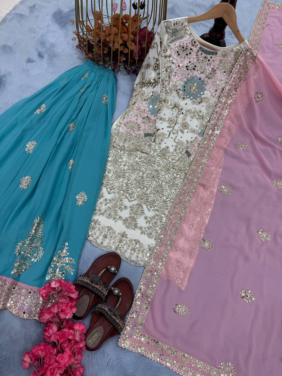 डिज़ाइनर पार्टी वियर लुक टॉप प्लाज़ो और दुपट्टा सेट