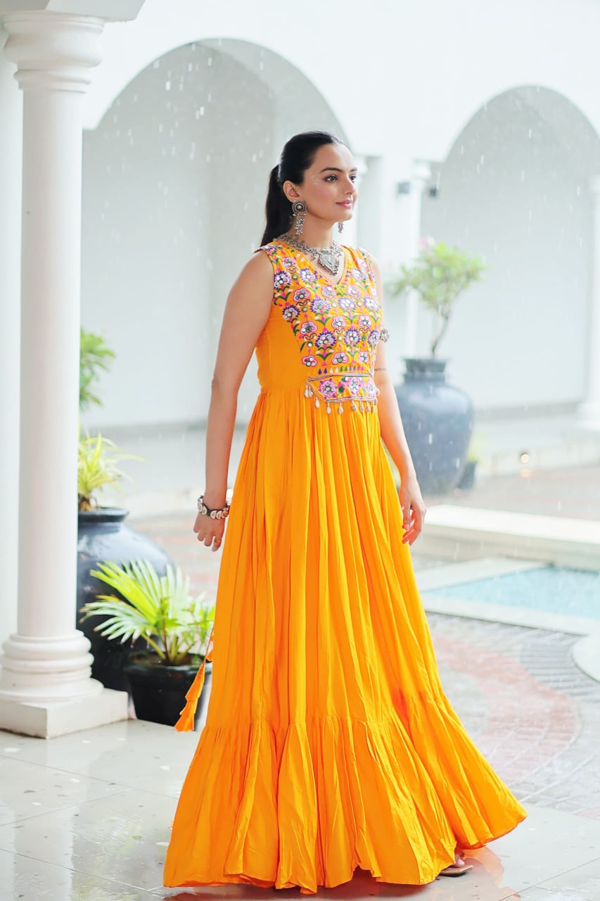 Navratri Special Gown With Thread Embroidered & Mirror Work