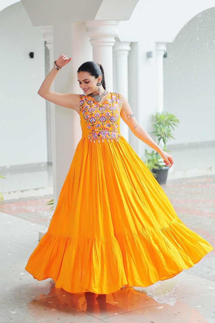 Navratri Special Gown With Thread Embroidered & Mirror Work