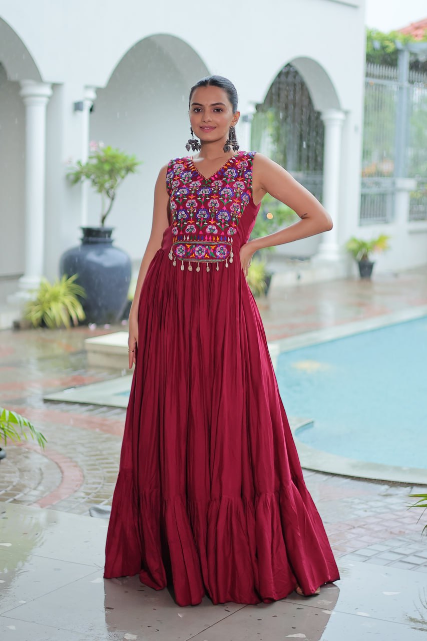 Navratri Special Gown With Thread Embroidered & Mirror Work