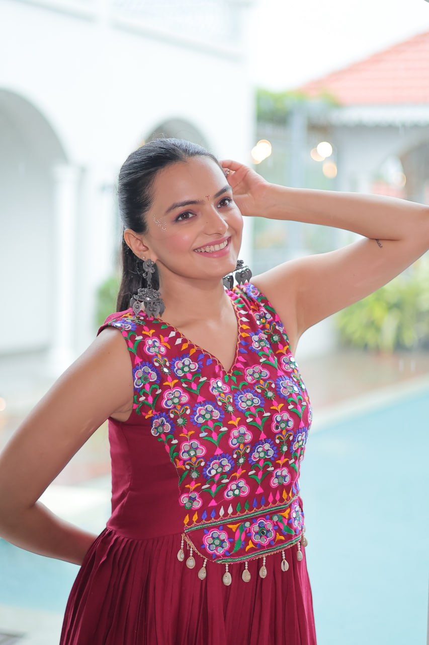 Navratri Special Gown With Thread Embroidered & Mirror Work