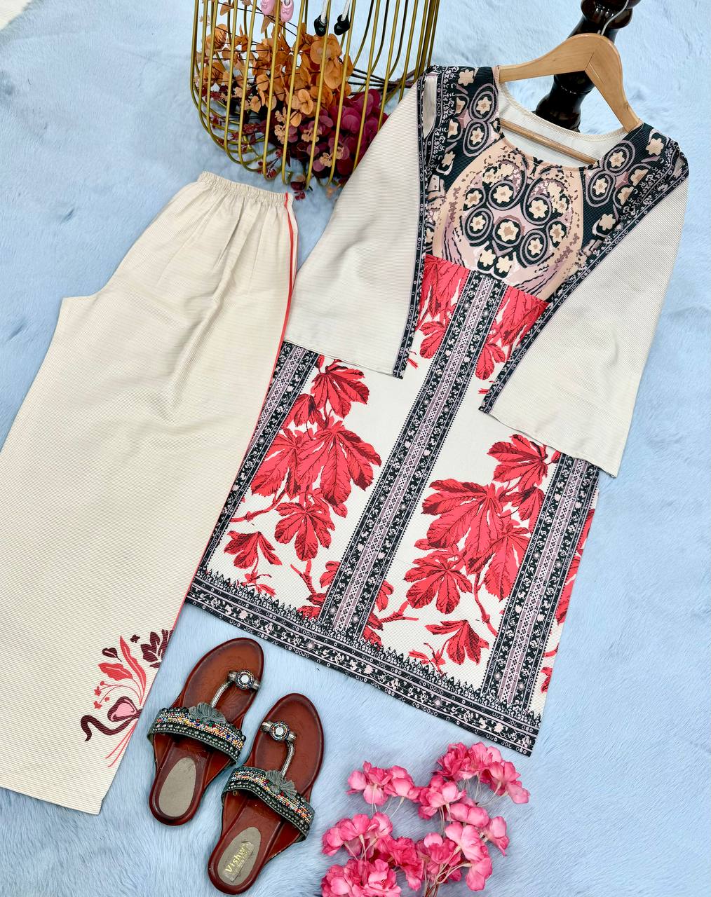 डिजिटल प्रिंट के साथ डिज़ाइनर पार्टी वियर लुक को-ऑर्ड्स सेट