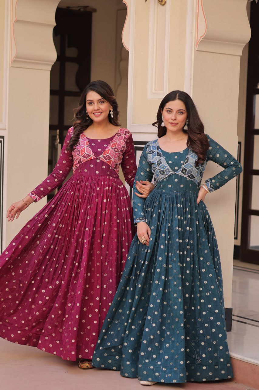 Party Wear Look Beautiful Gown Jequard Weaving Work