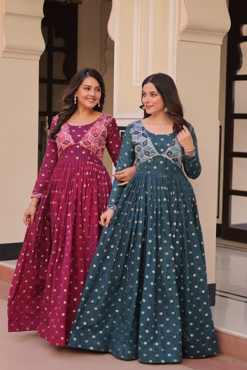 Party Wear Look Beautiful Gown Jequard Weaving Work