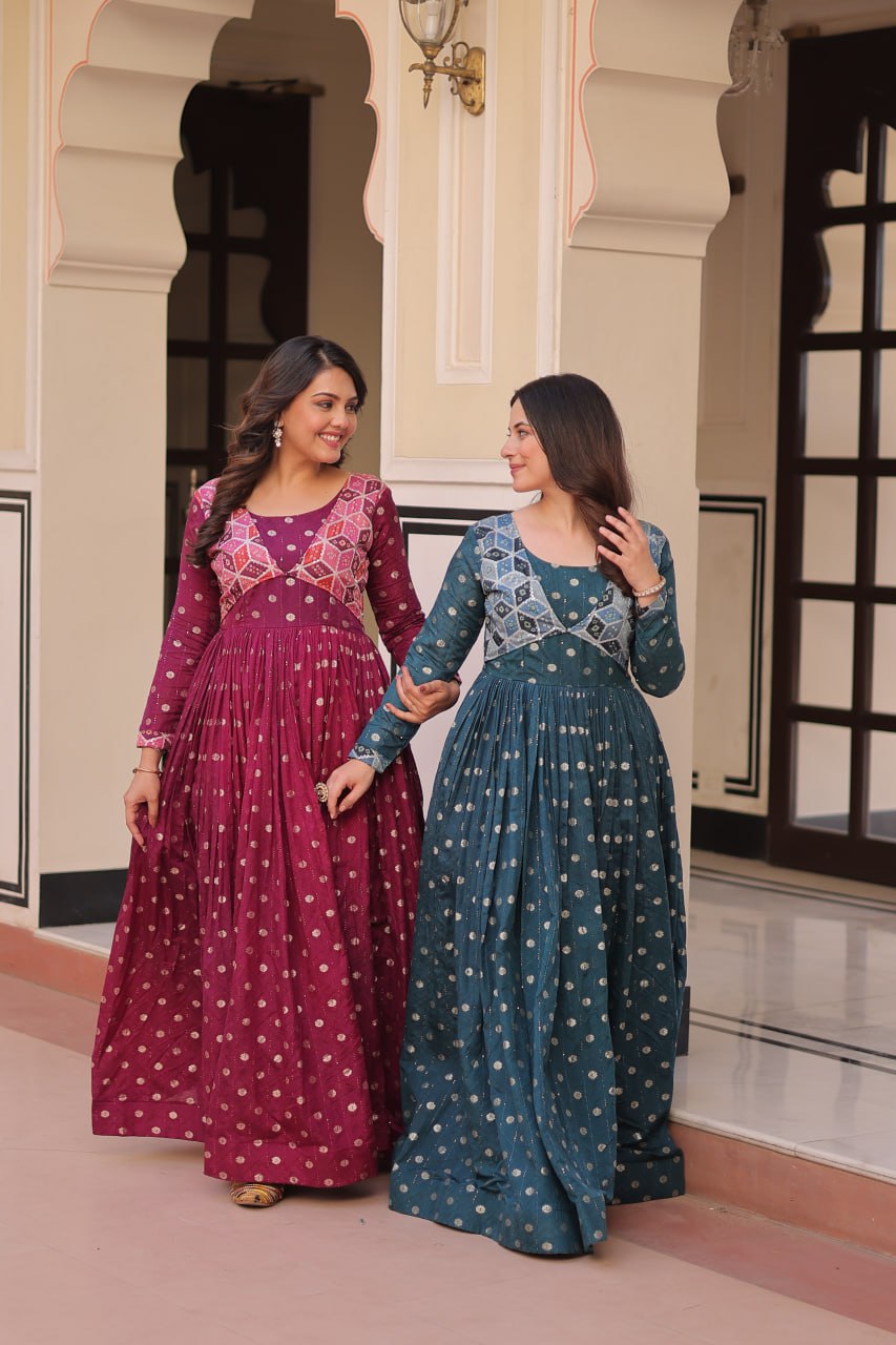 Party Wear Look Beautiful Gown Jequard Weaving Work