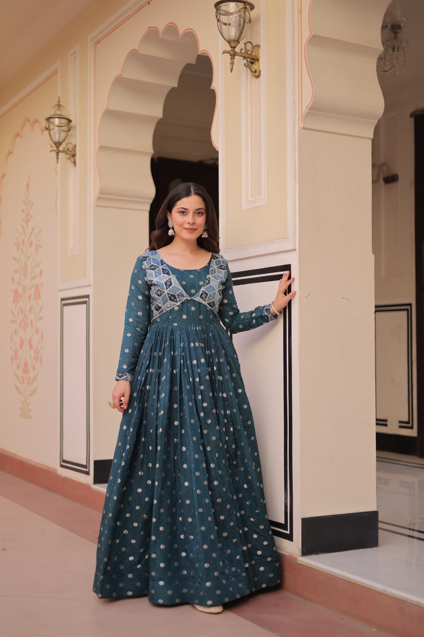 Party Wear Look Beautiful Gown Jequard Weaving Work