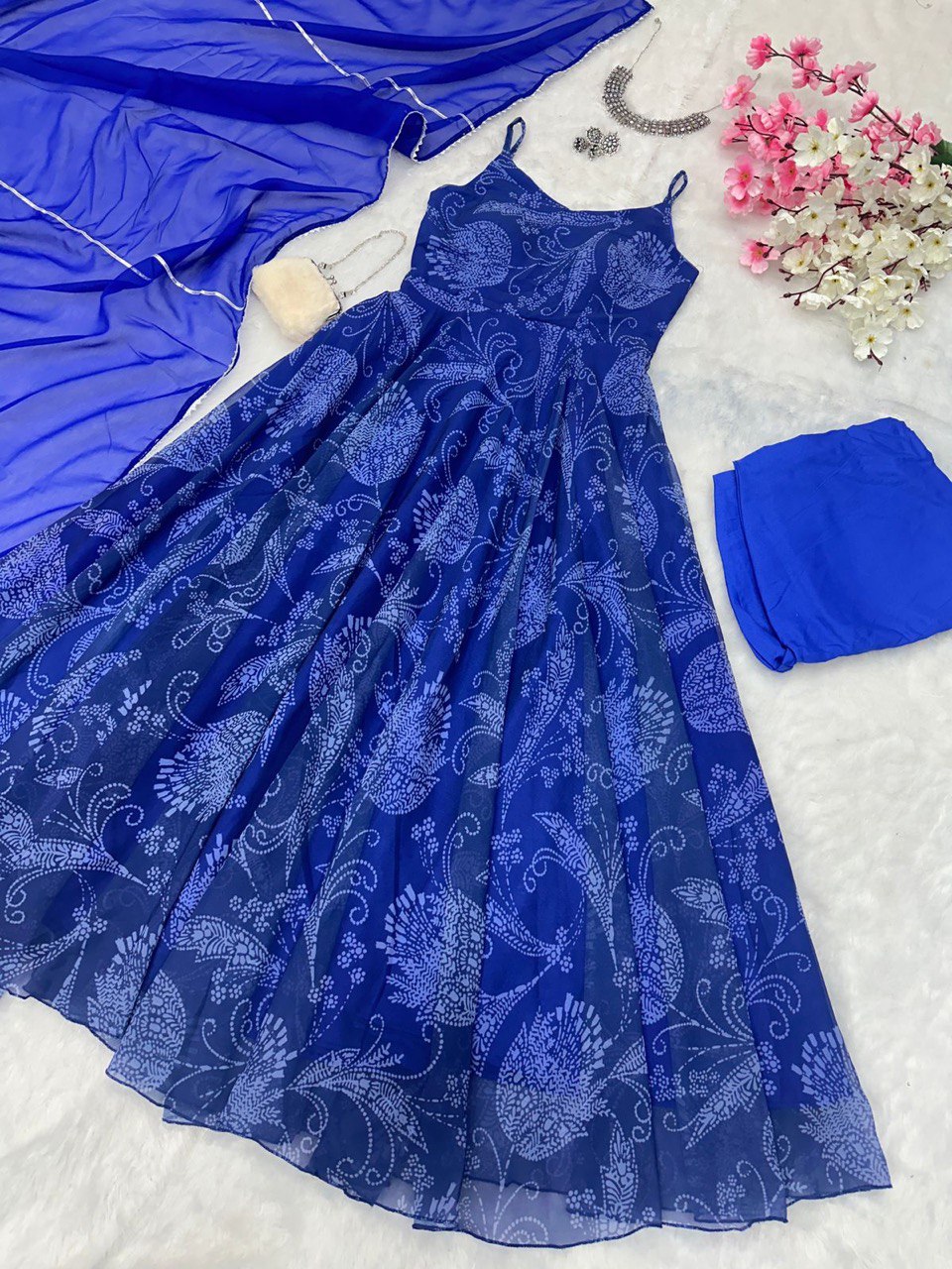 Digital printed Georgette Anarkali Gown With Bottom And Dupatta