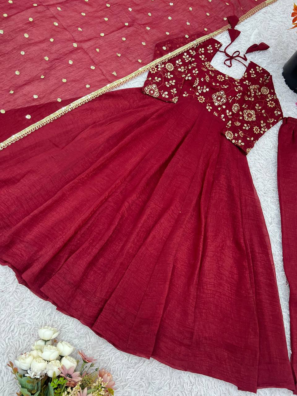 Designer Party Wear Gown And Bottom With Dupatta With Lace Border