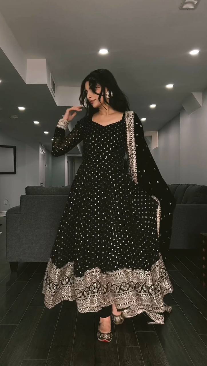 Party Wear Gown And Dupatta With Thread And Sequence Work