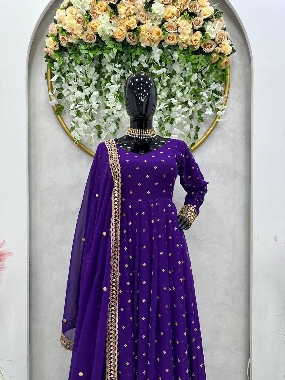 Party Wear Gown And Dupatta With Thread And Sequence Work