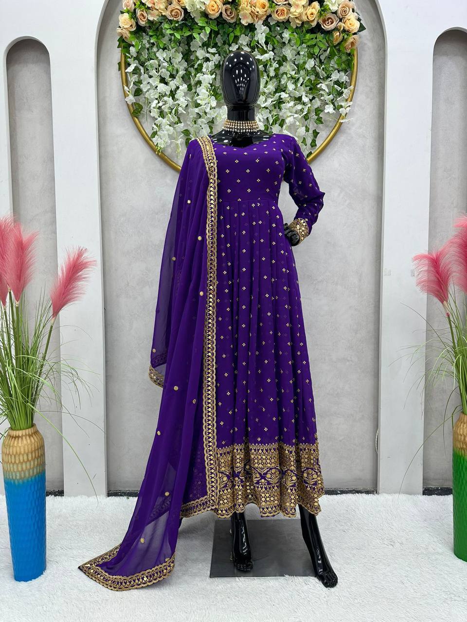 Party Wear Gown And Dupatta With Thread And Sequence Work