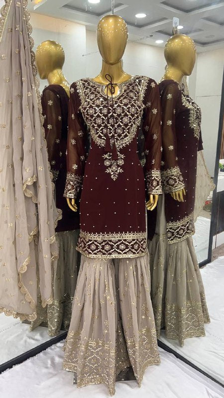 डिज़ाइनर पार्टी वियर लुक टॉप-प्लाज़ो और दुपट्टा कढ़ाई वर्क के साथ
