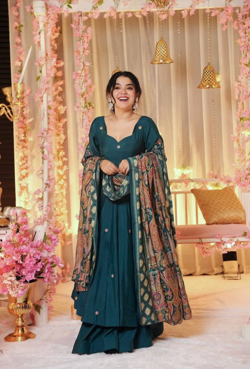 Party Wear Anarkali Gown And Dupatta With Embroidery Sequence Work